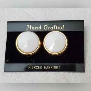 Goldtone White Faceted Pierced Button Earrings**New Old Stock